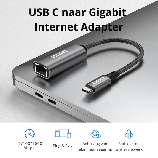 USB-C naar RJ45 Ethernet Adapter β Gigabit 1000 Mbps β USB Type-C naar LAN Netwerk Adapter β Plug & Play β Aluminium β Voor MacBook, Laptop, iPad, Chromebook