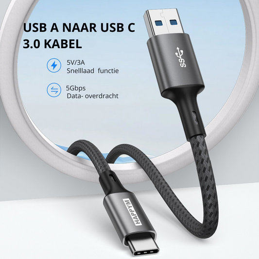 Happym USB-C naar USB 3.0 Kabel 1M - 5Gbps Dataoverdracht - 100W Opladen - Nylon Gevlochten voor iPhone en Laptop