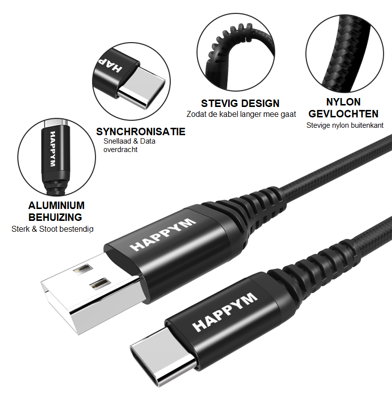 USB-C naar USB oplaad en data kabel 2M Zwart Nylon Gevlochten