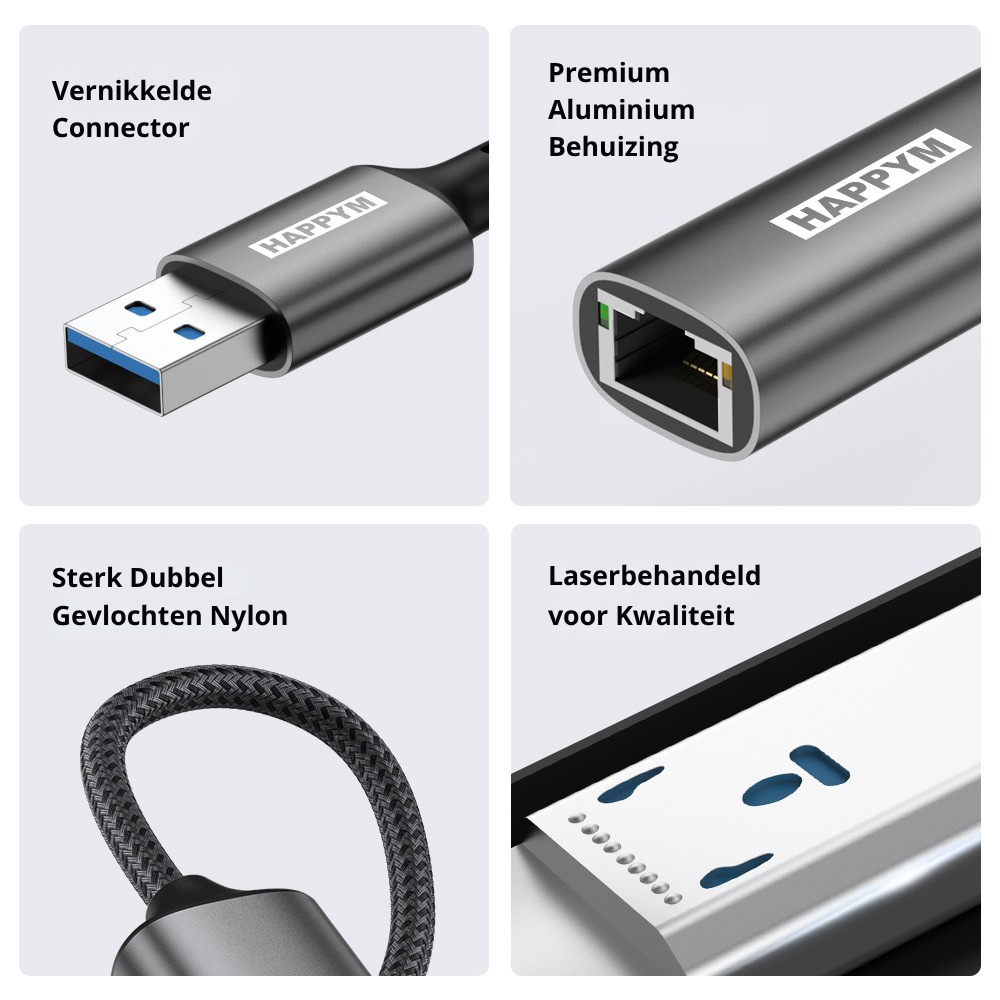 USB A naar RJ45 Ethernet Adapter – Gigabit 1000 Mbps – USB 3.0 naar LAN Netwerk Adapter – Plug & Play – Aluminium – Voor Laptop, PC, TV-Box