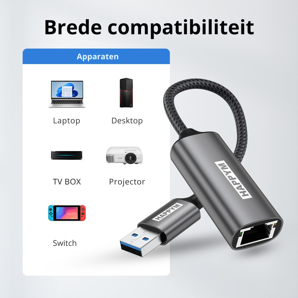 USB A naar RJ45 Ethernet Adapter – Gigabit 1000 Mbps – USB 3.0 naar LAN Netwerk Adapter – Plug & Play – Aluminium – Voor Laptop, PC, TV-Box