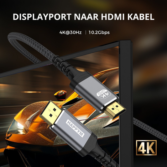 Happym DisplayPort naar HDMI Kabel 1M – 4K30Hz Ultra High Speed – Haarscherpe Beeldkwaliteit voor TV en Monitor