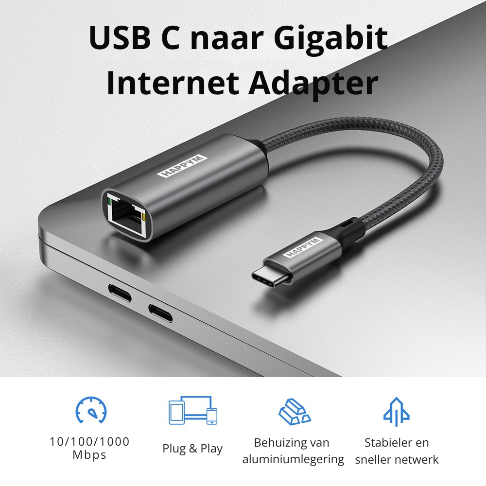 USB-C naar RJ45 Ethernet Adapter – Gigabit 1000 Mbps – USB Type-C naar LAN Netwerk Adapter – Plug & Play – Aluminium – Voor MacBook, Laptop, iPad, Chromebook