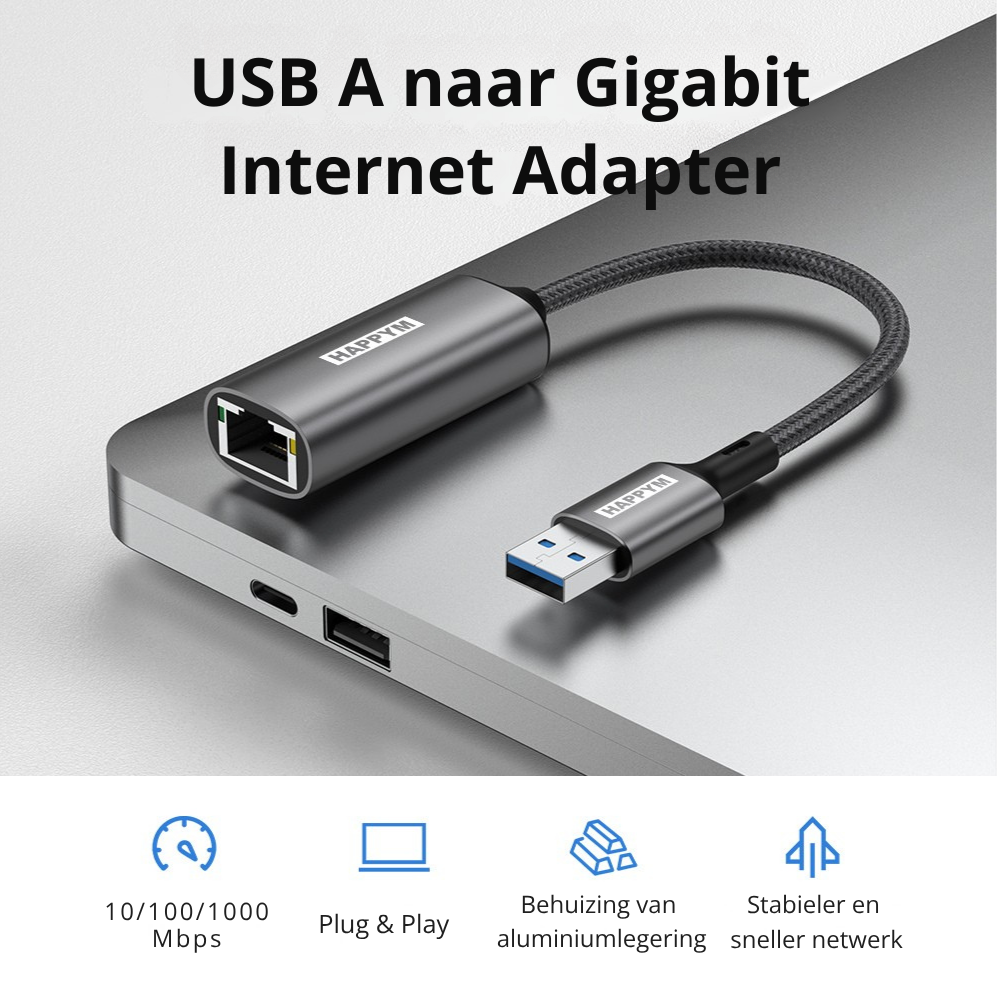 USB A naar RJ45 Ethernet Adapter – Gigabit 1000 Mbps – USB 3.0 naar LAN Netwerk Adapter – Plug & Play – Aluminium – Voor Laptop, PC, TV-Box