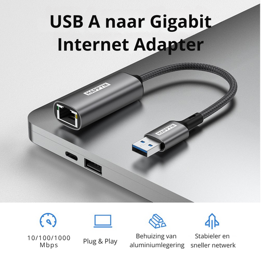 USB A naar RJ45 Ethernet Adapter – Gigabit 1000 Mbps – USB 3.0 naar LAN Netwerk Adapter – Plug & Play – Aluminium – Voor Laptop, PC, TV-Box