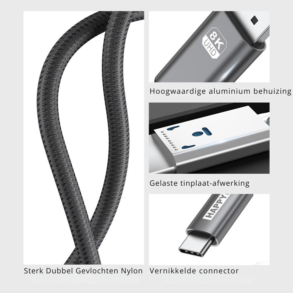 Happym USB C naar Displayport Kabel – Ultra High Speed 8K60Hz voor Haarscherpe Beeldkwaliteit - 1.8 Meter