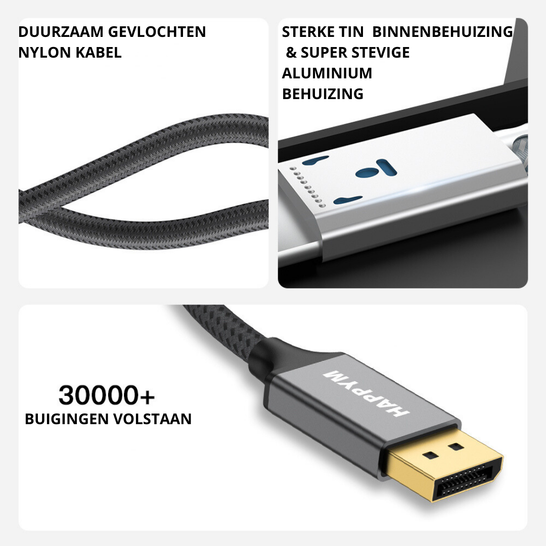 Happym Displayport 2.1 Kabel – Ultra High Speed 16K60Hz voor Haarscherpe Beeldkwaliteit - 3 Meter - 8k 120hz - 4k 240hz