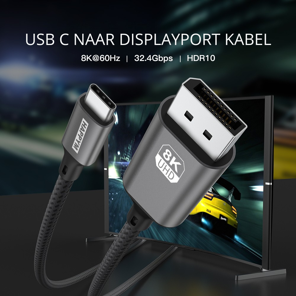 Happym USB C naar Displayport Kabel – Ultra High Speed 8K60Hz voor Haarscherpe Beeldkwaliteit - 1.8 Meter