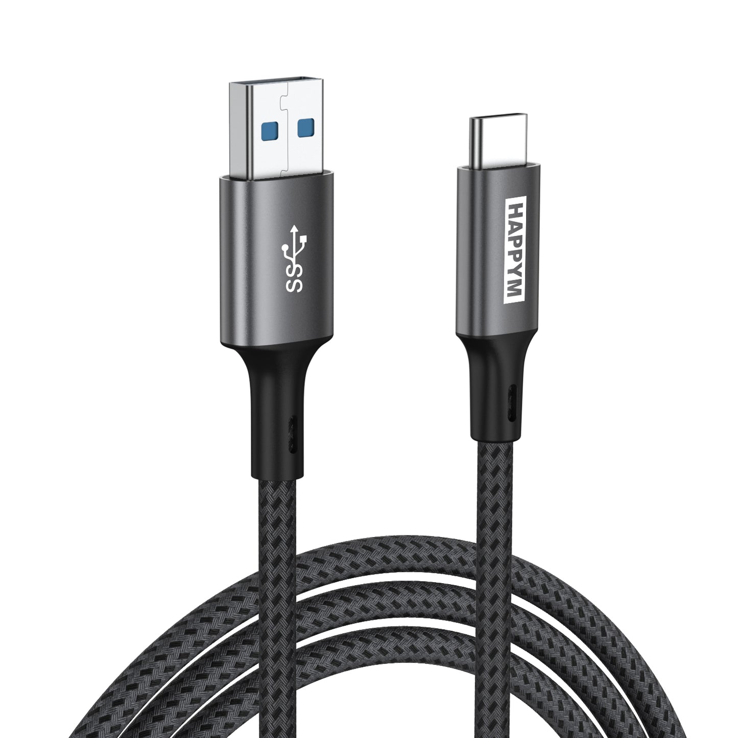Happym USB-C naar USB 3.0 Kabel 3M - 5Gbps Dataoverdracht - 100W Opladen - Nylon Gevlochten voor Laptop, Smartphone en Tablet