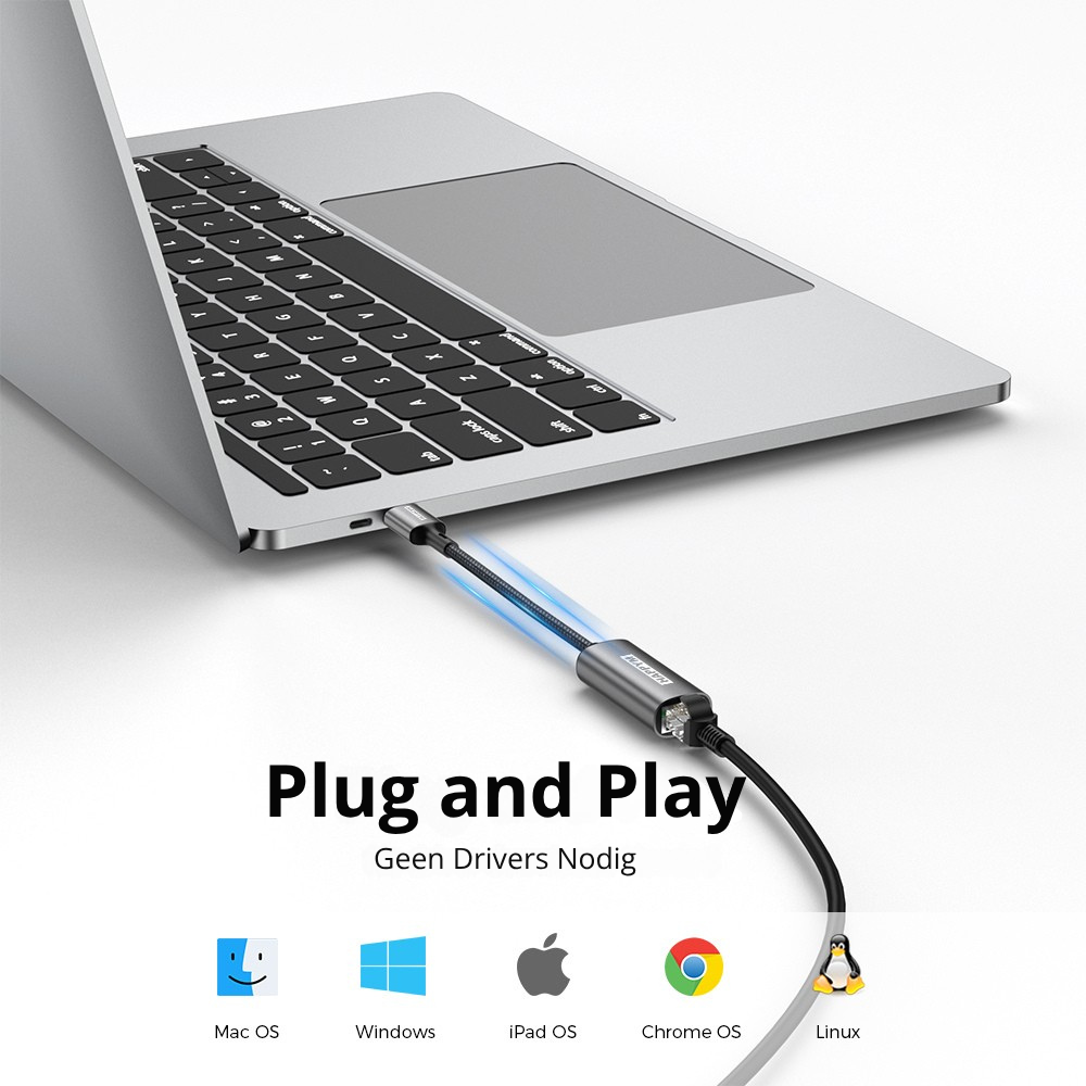 USB-C naar RJ45 Ethernet Adapter – Gigabit 1000 Mbps – USB Type-C naar LAN Netwerk Adapter – Plug & Play – Aluminium – Voor MacBook, Laptop, iPad, Chromebook