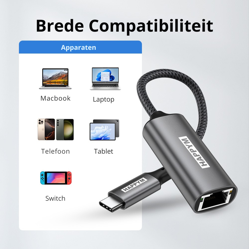 USB-C naar RJ45 Ethernet Adapter – Gigabit 1000 Mbps – USB Type-C naar LAN Netwerk Adapter – Plug & Play – Aluminium – Voor MacBook, Laptop, iPad, Chromebook