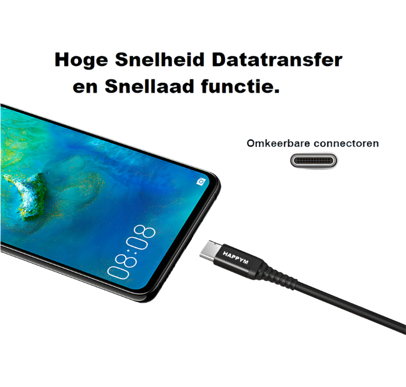 USB-C naar USB oplaad en data kabel 2M Zwart Nylon Gevlochten