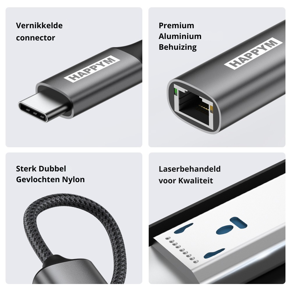 USB-C naar RJ45 Ethernet Adapter – Gigabit 1000 Mbps – USB Type-C naar LAN Netwerk Adapter – Plug & Play – Aluminium – Voor MacBook, Laptop, iPad, Chromebook