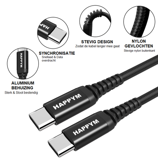 USB-C naar USB-C datakabel en oplaadkabel 0.5M Zwart Nylon Gevlochten