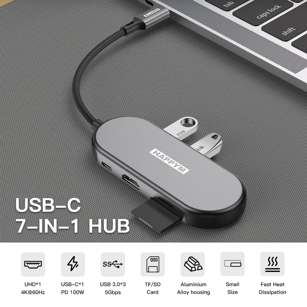 USB-C Hub 7-in-1 Multifunction Docking Station - 4K HDMI 60Hz, PD 100W, 3x USB 3.0, SD/TF Kaartlezer - Universeel voor MacBook, iPad, Windows Laptop