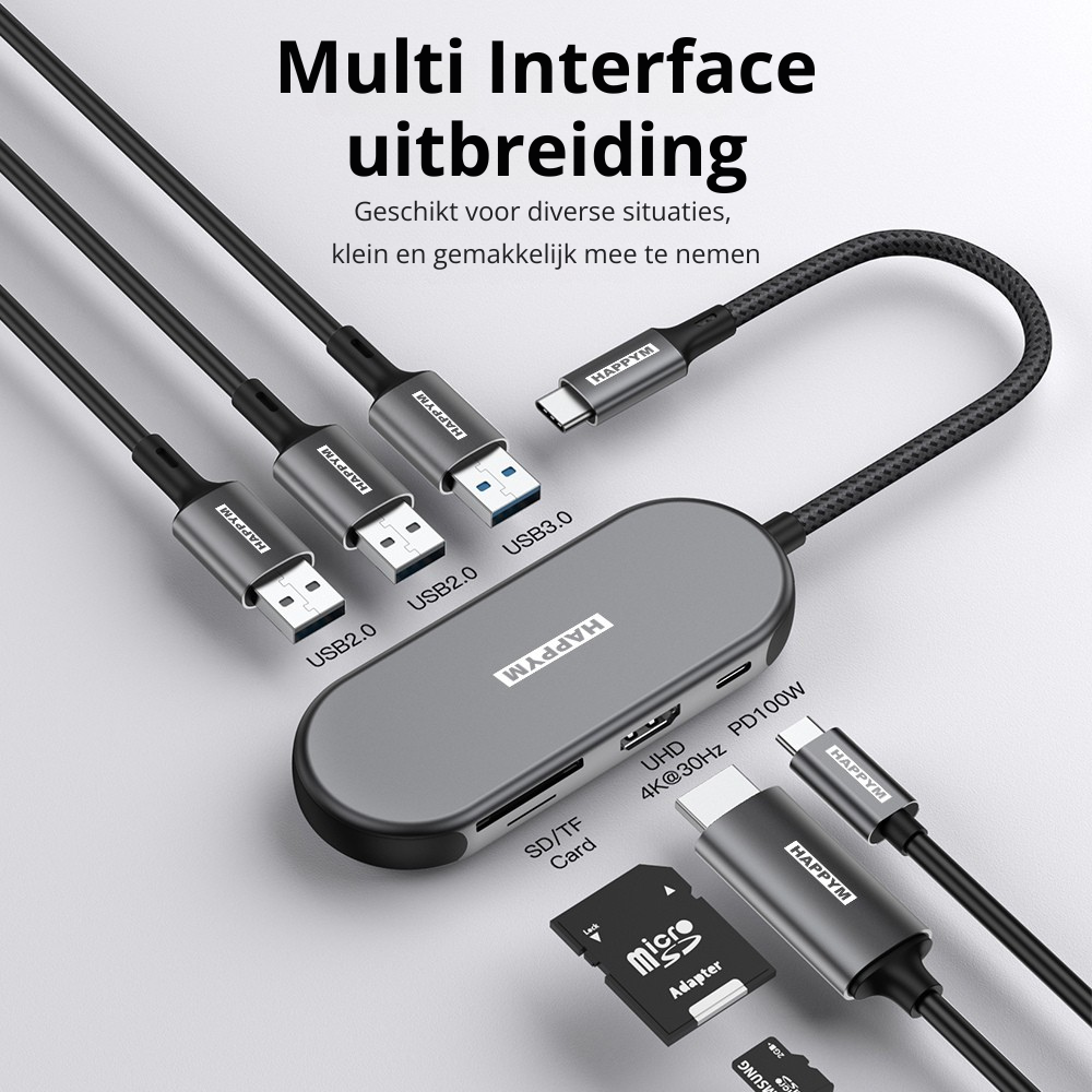 USB-C Hub 7-in-1 Multifunction Docking Station - 4K HDMI 30Hz, PD 100W, USB 3.0 & 2.0, SD/TF Kaartlezer - Universeel voor MacBook, iPad, Windows Laptop