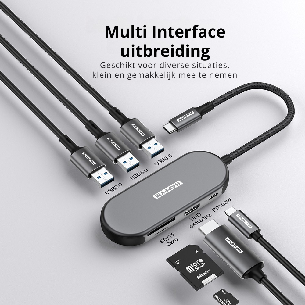 USB-C Hub 7-in-1 Multifunction Docking Station - 4K HDMI 60Hz, PD 100W, 3x USB 3.0, SD/TF Kaartlezer - Universeel voor MacBook, iPad, Windows Laptop