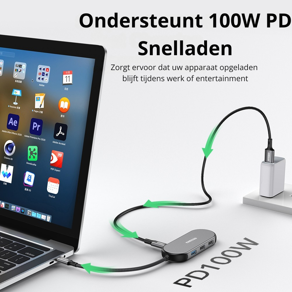 USB-C Hub 7-in-1 Multifunction Docking Station - 4K HDMI 60Hz, PD 100W, 3x USB 3.0, SD/TF Kaartlezer - Universeel voor MacBook, iPad, Windows Laptop